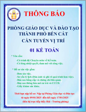 Thông báo tuyển dụng vị trí Kế toán Phòng Giáo dục và Đào tạo